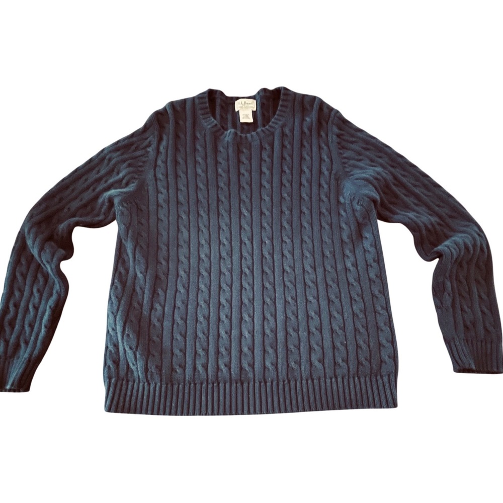 LL Bean Women Navy Blue 100% Cotton Cable Knit Crew Neck Sweater Large L-REG